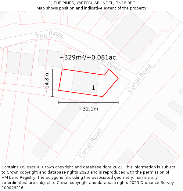 1, THE PINES, YAPTON, ARUNDEL, BN18 0EG: Plot and title map