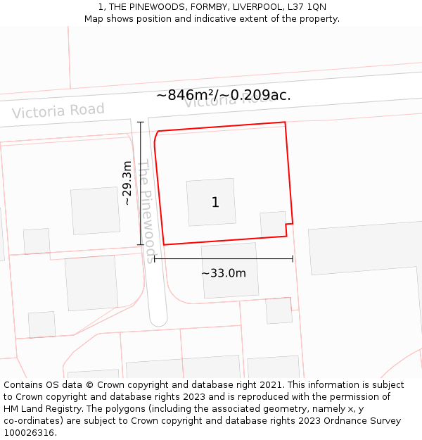 1, THE PINEWOODS, FORMBY, LIVERPOOL, L37 1QN: Plot and title map