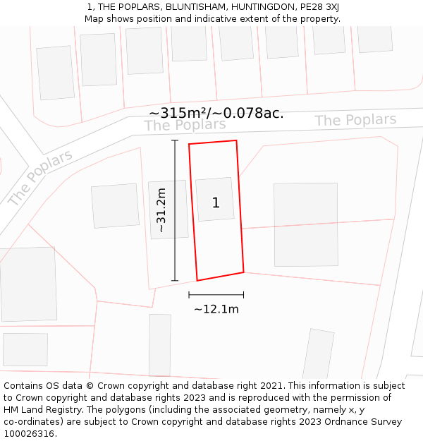 1, THE POPLARS, BLUNTISHAM, HUNTINGDON, PE28 3XJ: Plot and title map