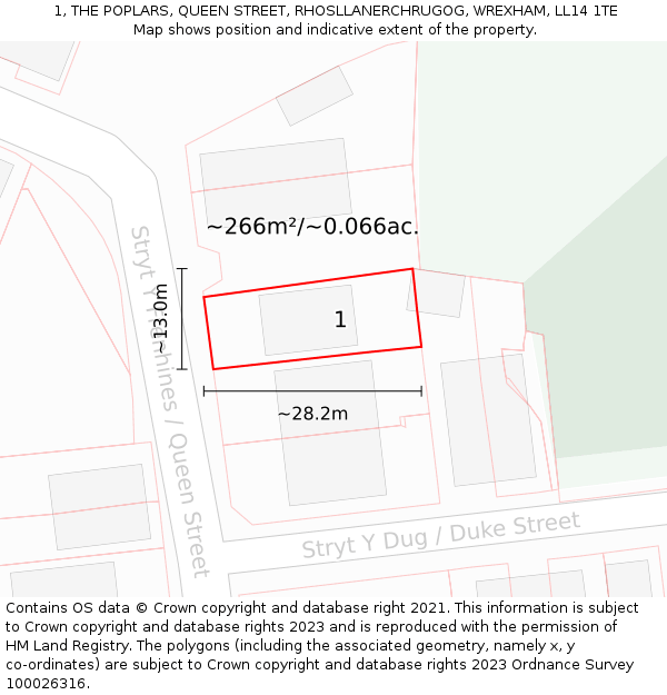 1, THE POPLARS, QUEEN STREET, RHOSLLANERCHRUGOG, WREXHAM, LL14 1TE: Plot and title map