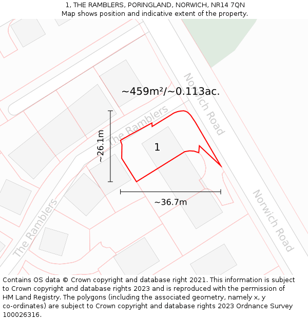 1, THE RAMBLERS, PORINGLAND, NORWICH, NR14 7QN: Plot and title map