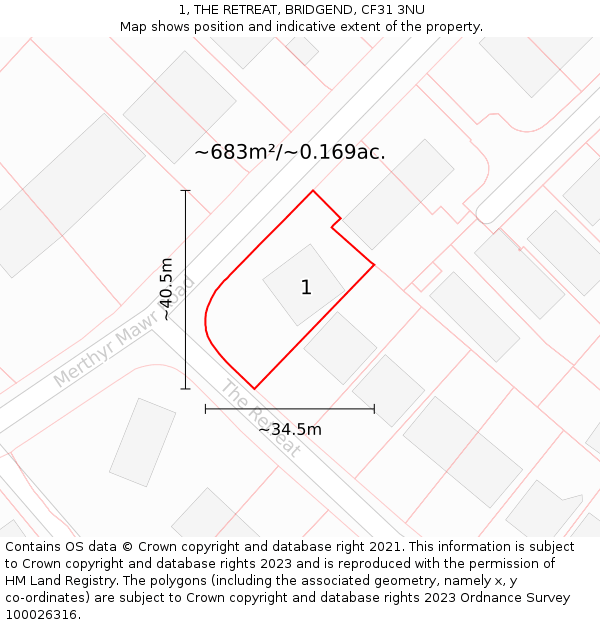 1, THE RETREAT, BRIDGEND, CF31 3NU: Plot and title map