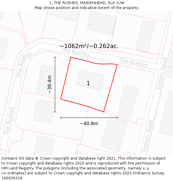 1, THE RUSHES, MAIDENHEAD, SL6 1UW: Plot and title map