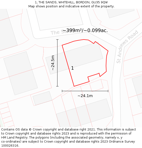 1, THE SANDS, WHITEHILL, BORDON, GU35 9QW: Plot and title map