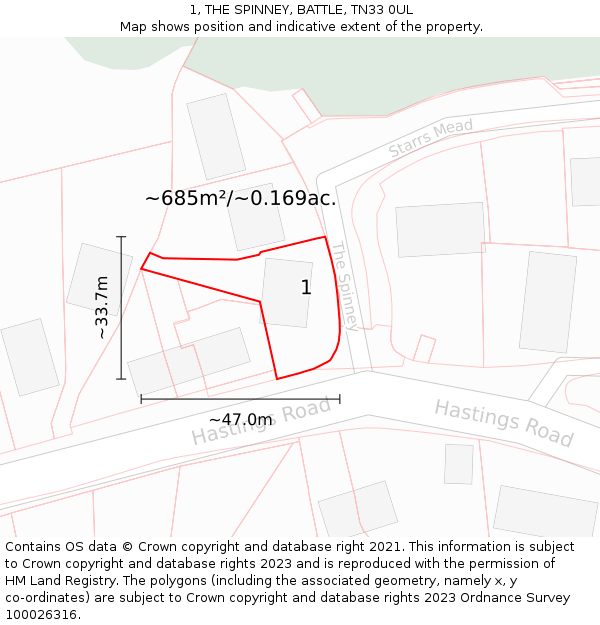 1, THE SPINNEY, BATTLE, TN33 0UL: Plot and title map