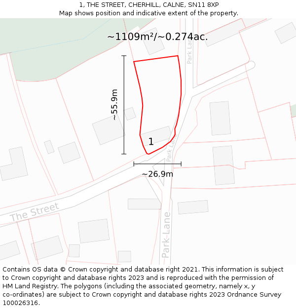 1, THE STREET, CHERHILL, CALNE, SN11 8XP: Plot and title map