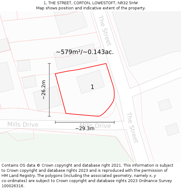 1, THE STREET, CORTON, LOWESTOFT, NR32 5HW: Plot and title map