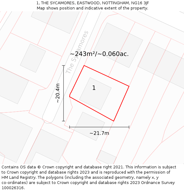 1, THE SYCAMORES, EASTWOOD, NOTTINGHAM, NG16 3JF: Plot and title map