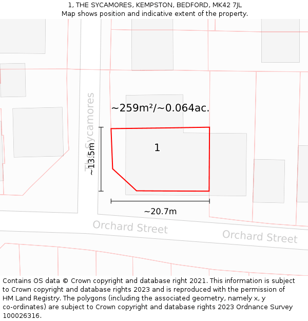 1, THE SYCAMORES, KEMPSTON, BEDFORD, MK42 7JL: Plot and title map