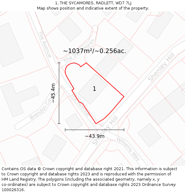 1, THE SYCAMORES, RADLETT, WD7 7LJ: Plot and title map