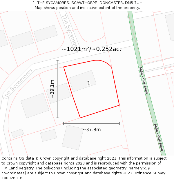 1, THE SYCAMORES, SCAWTHORPE, DONCASTER, DN5 7UH: Plot and title map