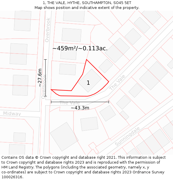 1, THE VALE, HYTHE, SOUTHAMPTON, SO45 5ET: Plot and title map