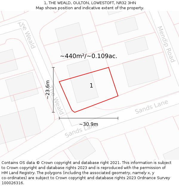 1, THE WEALD, OULTON, LOWESTOFT, NR32 3HN: Plot and title map