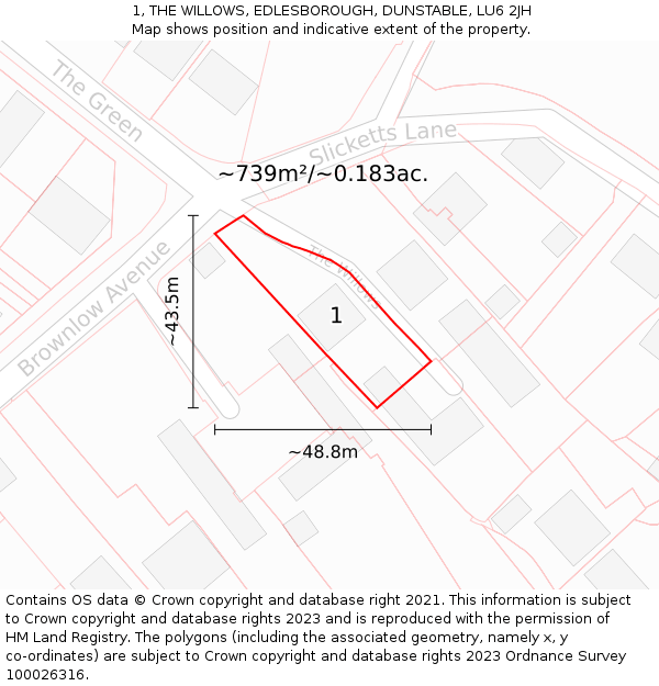1, THE WILLOWS, EDLESBOROUGH, DUNSTABLE, LU6 2JH: Plot and title map