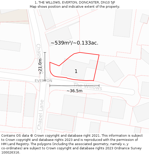 1, THE WILLOWS, EVERTON, DONCASTER, DN10 5JF: Plot and title map