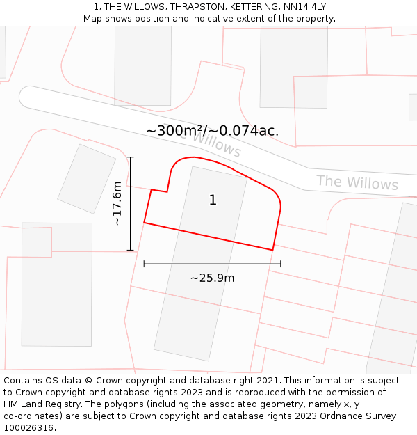 1, THE WILLOWS, THRAPSTON, KETTERING, NN14 4LY: Plot and title map