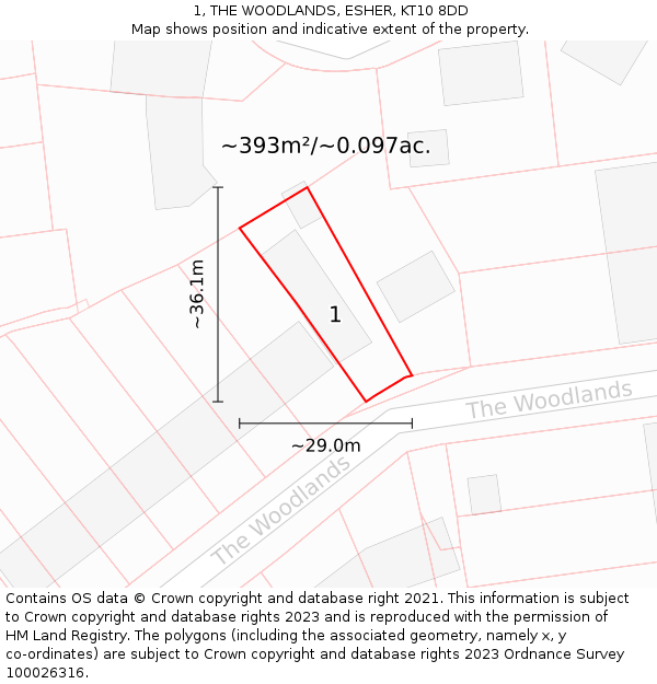 1, THE WOODLANDS, ESHER, KT10 8DD: Plot and title map