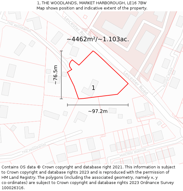 1, THE WOODLANDS, MARKET HARBOROUGH, LE16 7BW: Plot and title map