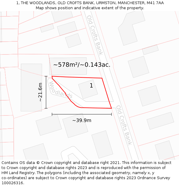 1, THE WOODLANDS, OLD CROFTS BANK, URMSTON, MANCHESTER, M41 7AA: Plot and title map