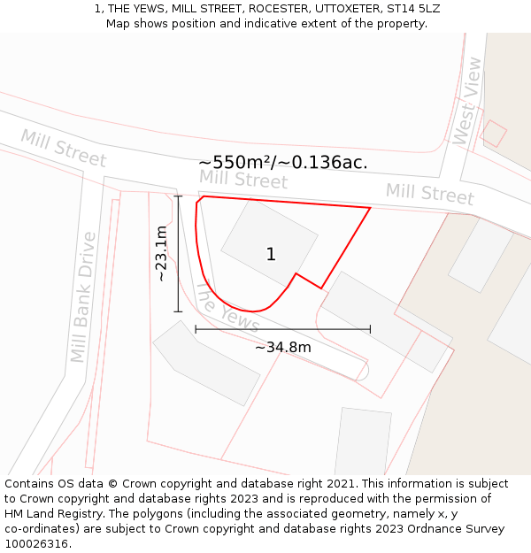 1, THE YEWS, MILL STREET, ROCESTER, UTTOXETER, ST14 5LZ: Plot and title map