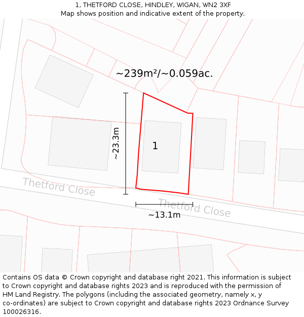 1, THETFORD CLOSE, HINDLEY, WIGAN, WN2 3XF: Plot and title map