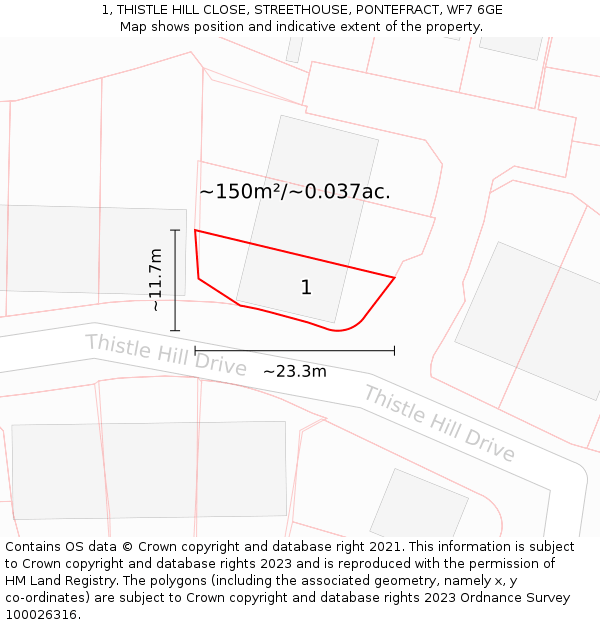 1, THISTLE HILL CLOSE, STREETHOUSE, PONTEFRACT, WF7 6GE: Plot and title map