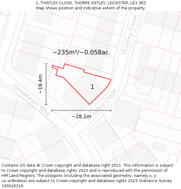 1, THISTLEY CLOSE, THORPE ASTLEY, LEICESTER, LE3 3RZ: Plot and title map