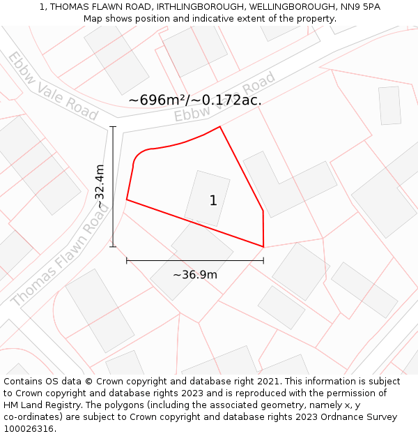 1, THOMAS FLAWN ROAD, IRTHLINGBOROUGH, WELLINGBOROUGH, NN9 5PA: Plot and title map