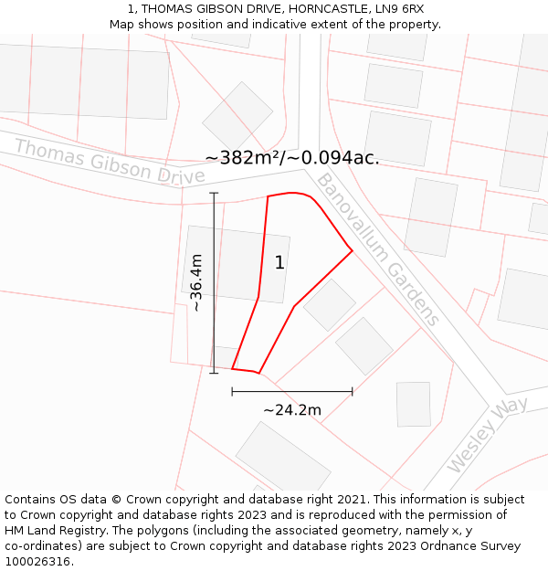 1, THOMAS GIBSON DRIVE, HORNCASTLE, LN9 6RX: Plot and title map