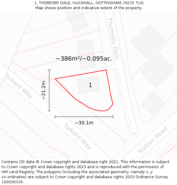 1, THORESBY DALE, HUCKNALL, NOTTINGHAM, NG15 7UG: Plot and title map