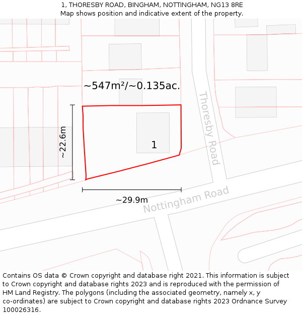 1, THORESBY ROAD, BINGHAM, NOTTINGHAM, NG13 8RE: Plot and title map