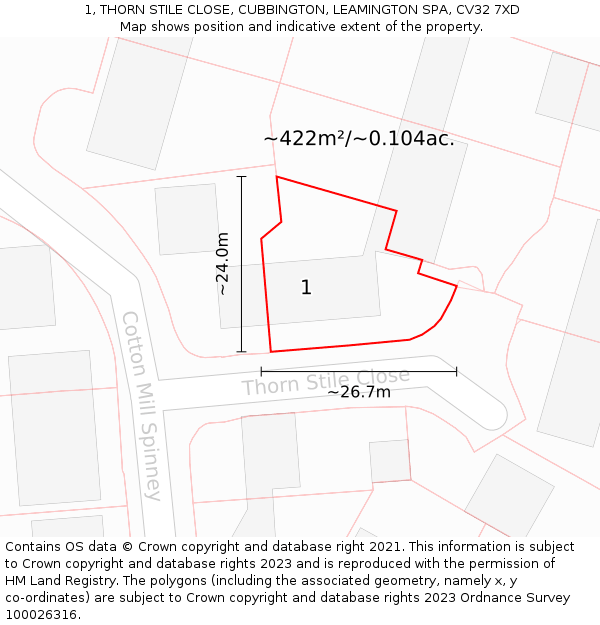 1, THORN STILE CLOSE, CUBBINGTON, LEAMINGTON SPA, CV32 7XD: Plot and title map