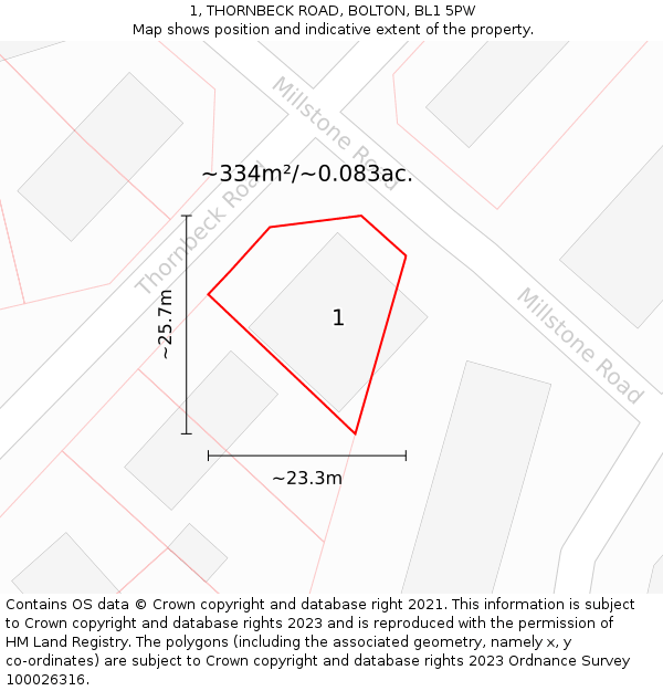 1, THORNBECK ROAD, BOLTON, BL1 5PW: Plot and title map