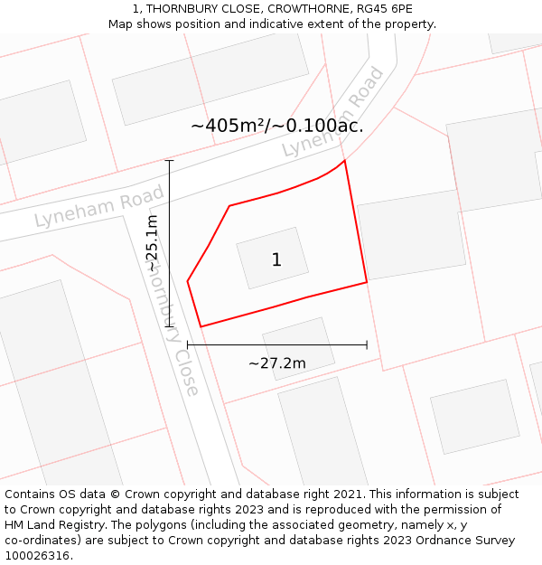 1, THORNBURY CLOSE, CROWTHORNE, RG45 6PE: Plot and title map