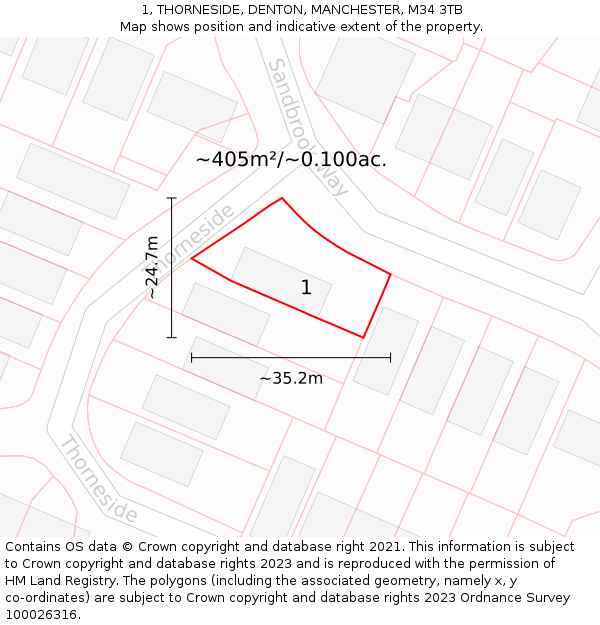 1, THORNESIDE, DENTON, MANCHESTER, M34 3TB: Plot and title map
