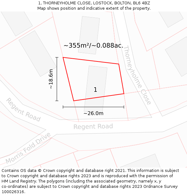 1, THORNEYHOLME CLOSE, LOSTOCK, BOLTON, BL6 4BZ: Plot and title map