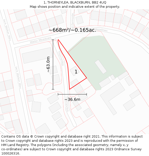 1, THORNEYLEA, BLACKBURN, BB2 4UQ: Plot and title map