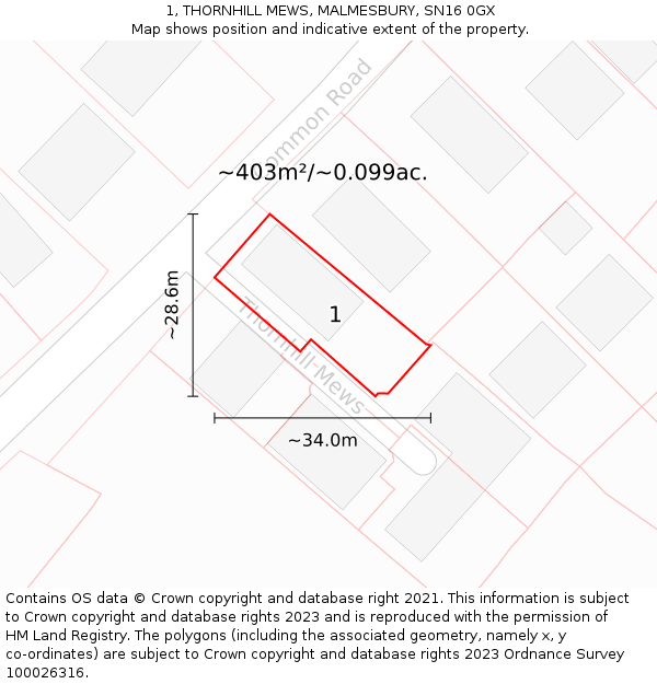 1, THORNHILL MEWS, MALMESBURY, SN16 0GX: Plot and title map