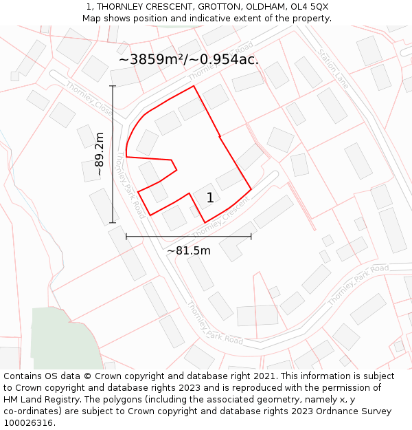 1, THORNLEY CRESCENT, GROTTON, OLDHAM, OL4 5QX: Plot and title map