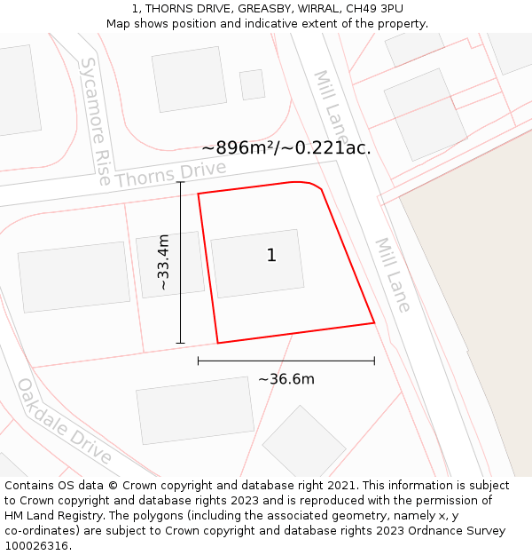 1, THORNS DRIVE, GREASBY, WIRRAL, CH49 3PU: Plot and title map