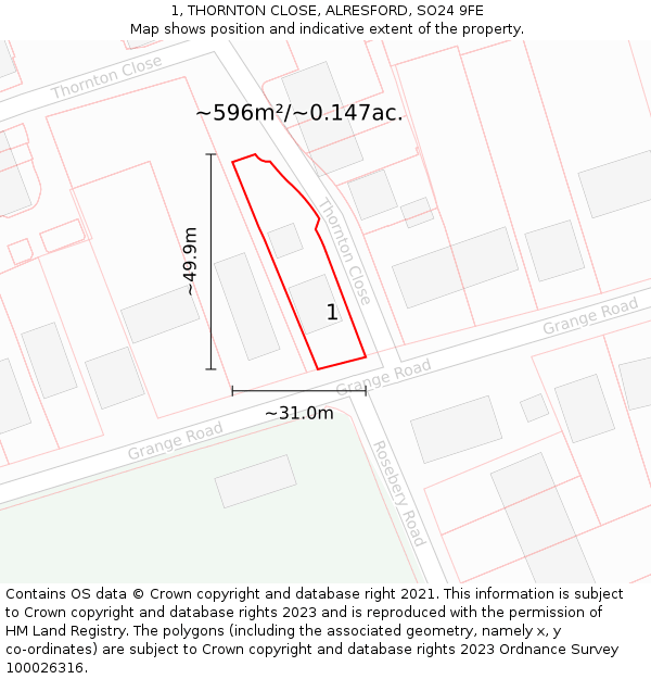 1, THORNTON CLOSE, ALRESFORD, SO24 9FE: Plot and title map