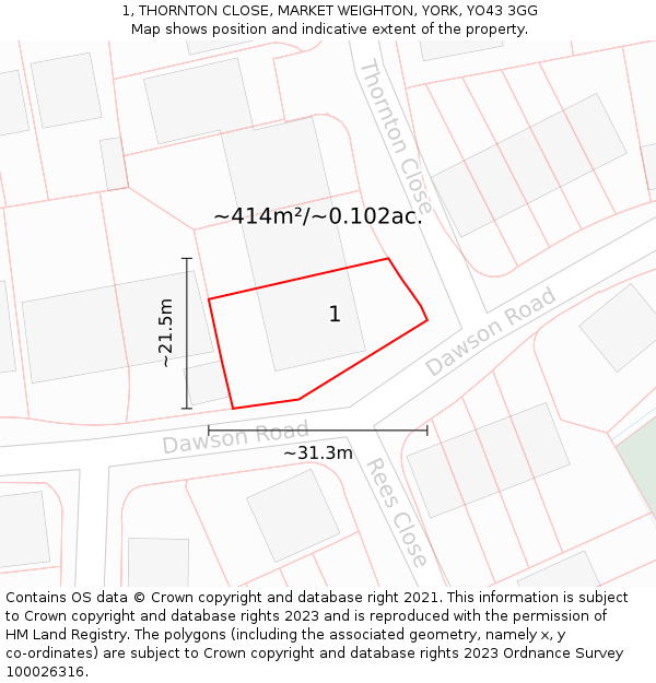 1, THORNTON CLOSE, MARKET WEIGHTON, YORK, YO43 3GG: Plot and title map