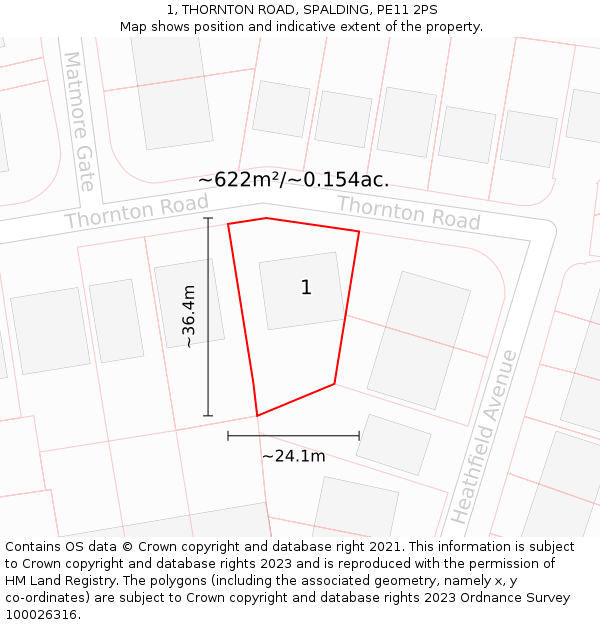 1, THORNTON ROAD, SPALDING, PE11 2PS: Plot and title map