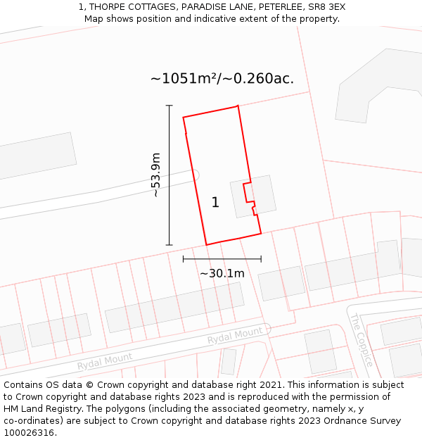 1, THORPE COTTAGES, PARADISE LANE, PETERLEE, SR8 3EX: Plot and title map