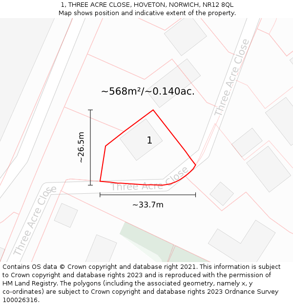 1, THREE ACRE CLOSE, HOVETON, NORWICH, NR12 8QL: Plot and title map