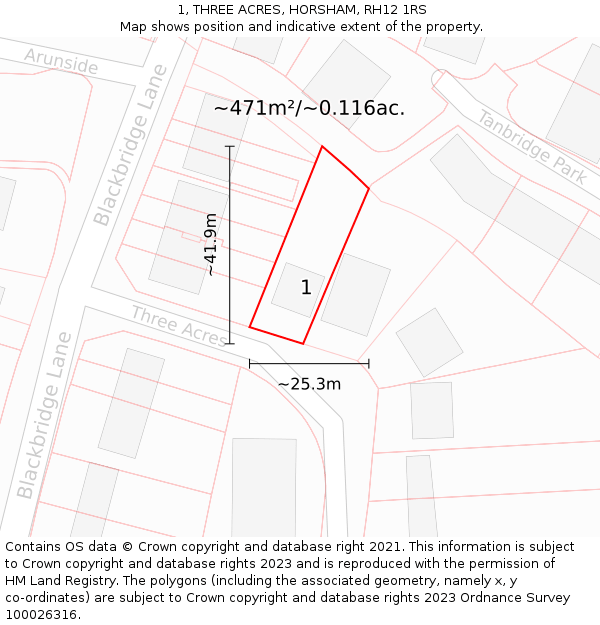 1, THREE ACRES, HORSHAM, RH12 1RS: Plot and title map