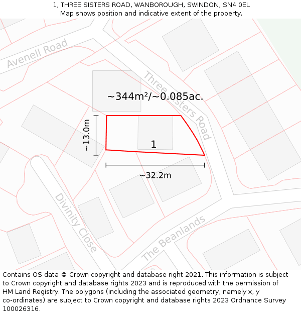 1, THREE SISTERS ROAD, WANBOROUGH, SWINDON, SN4 0EL: Plot and title map