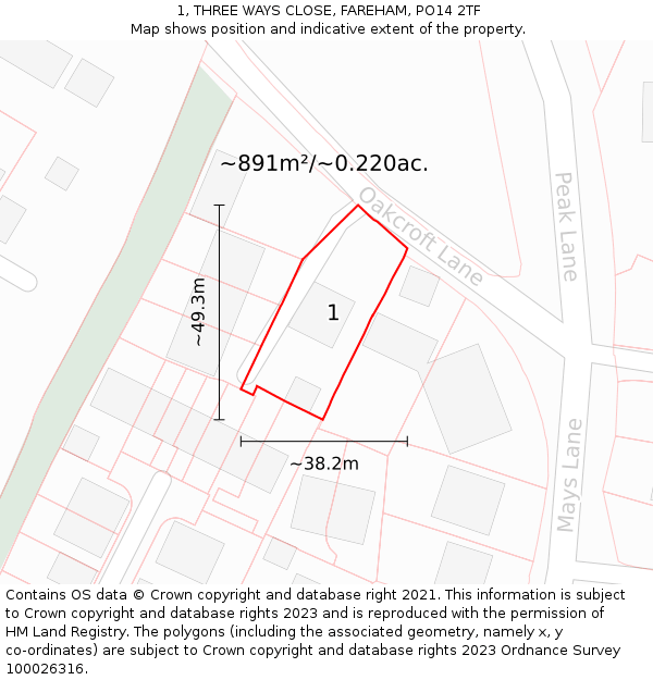 1, THREE WAYS CLOSE, FAREHAM, PO14 2TF: Plot and title map