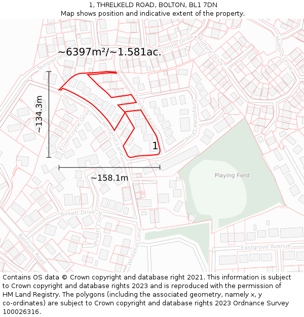 1, THRELKELD ROAD, BOLTON, BL1 7DN: Plot and title map