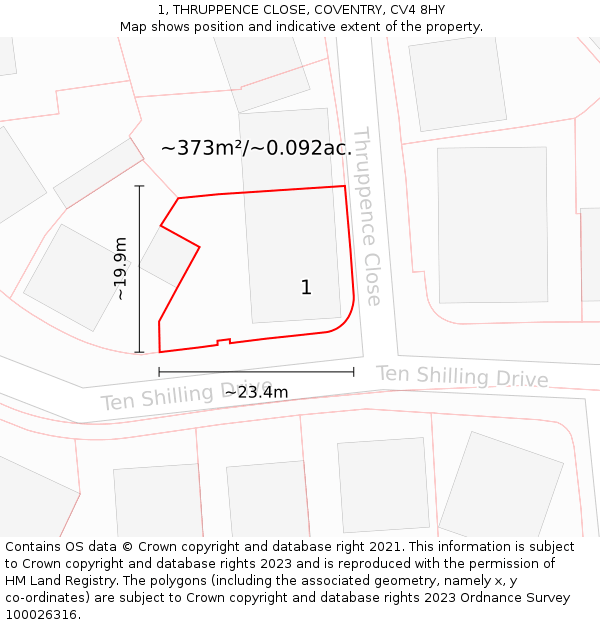 1, THRUPPENCE CLOSE, COVENTRY, CV4 8HY: Plot and title map